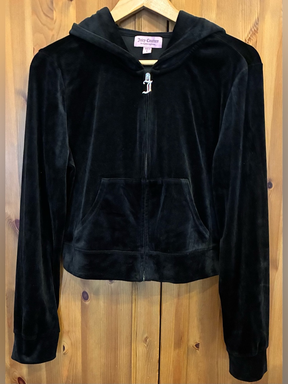 Juicy Couture Luxe Velour black full zip hooded cropped track jacket women's Lar